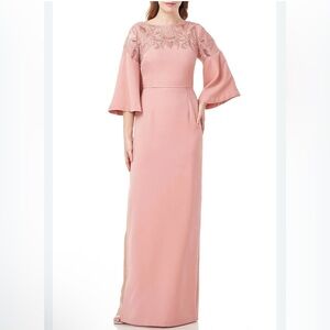 JS Collections Embellished Boat Neck 3/4 Flare Sleeve Solid Stretch Crepe Dress